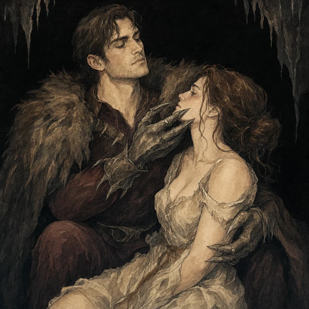 Monster and maiden vore fantasy roleplay depicting a predator looming over willing prey