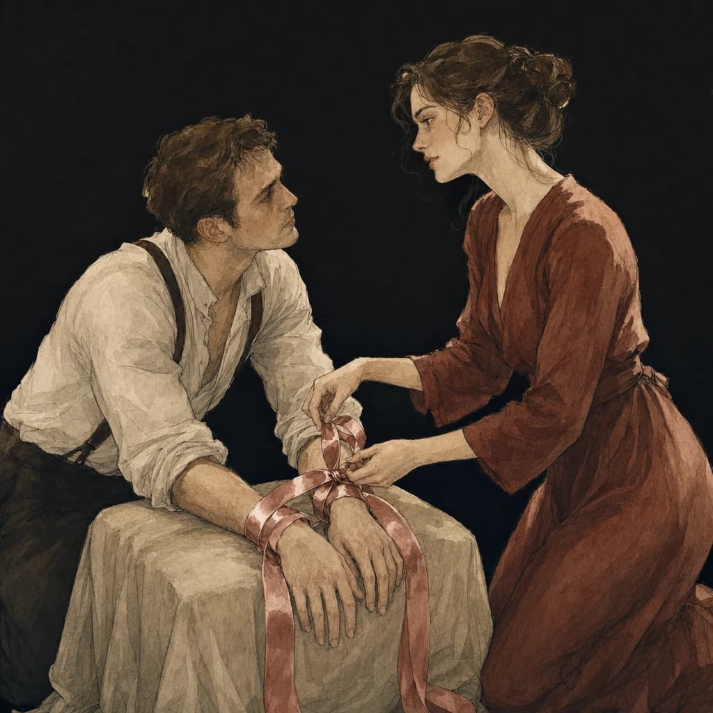 Woman tying a pink satin ribbon around her partner's wrists