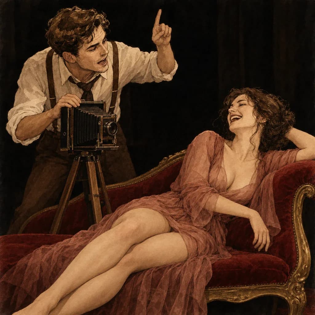 Boudoir photography session staged like an intentional film set for flattering nude photos