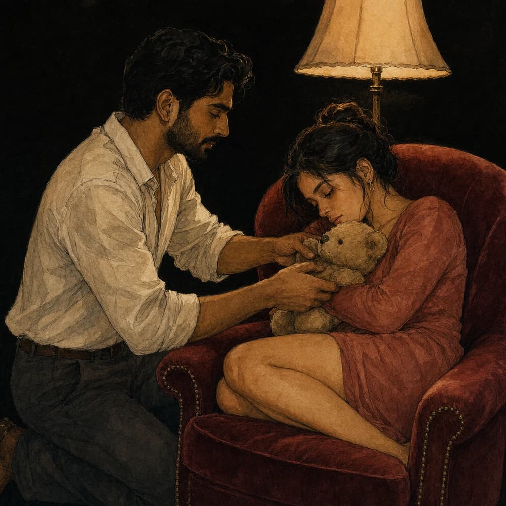 Partner hugging a soft plush toy gifted by their lover, a comforting cuddle that mirrors cockwarming closeness