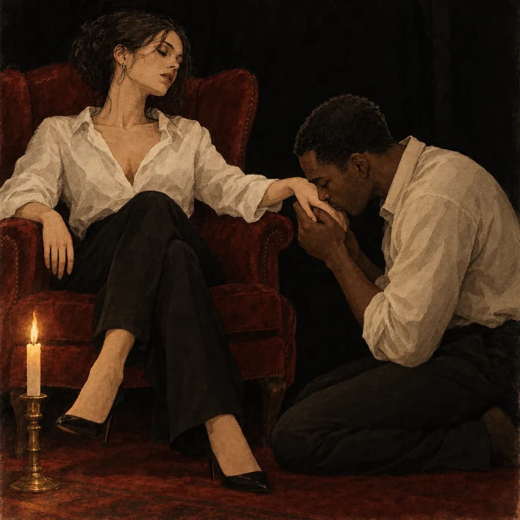 Locked male submissive offering oral worship to his partner as a form of service