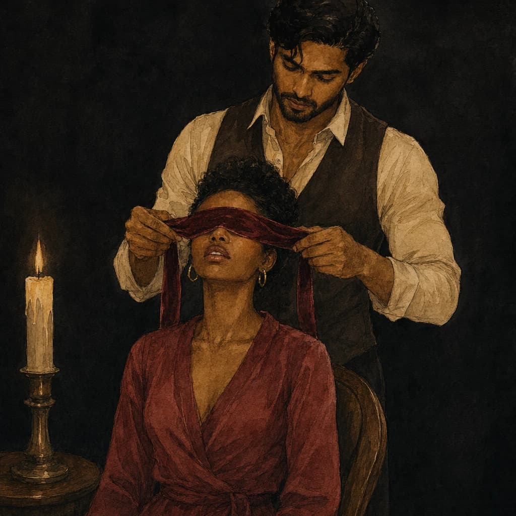 Man tying a soft red blindfold over his seated partner's eyes beside a candle
