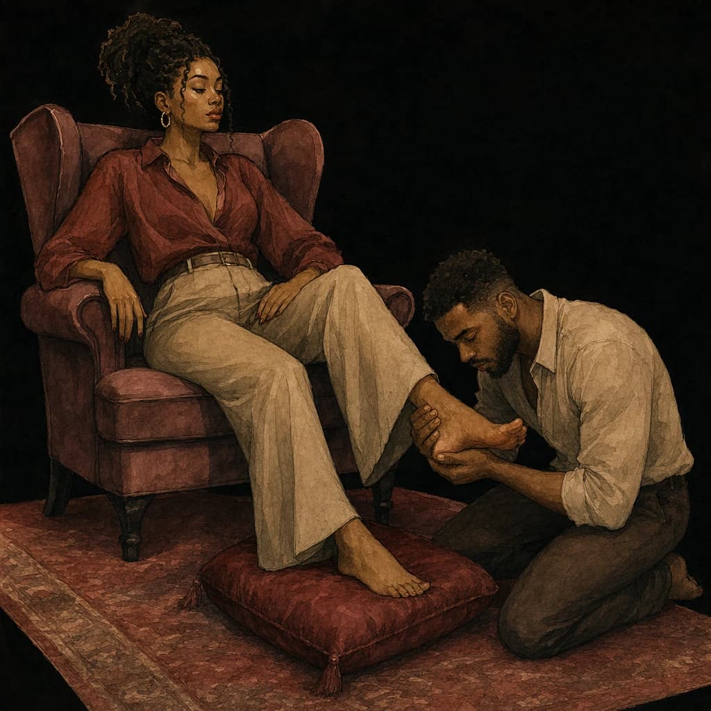 Man giving a woman a slow sensual foot massage as foot worship technique