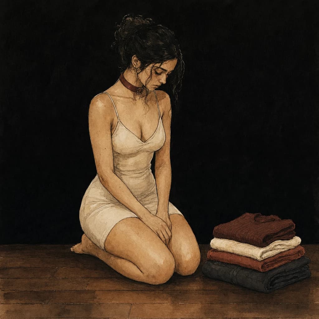 Submissive ordered to strip, fold her clothes neatly, and kneel during exposing body humiliation play
