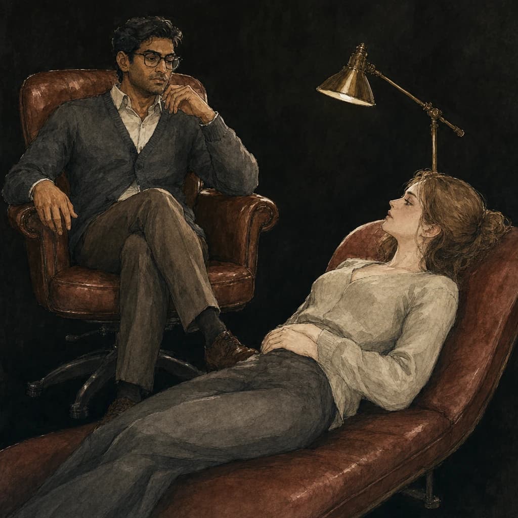taboo therapist roleplay scene with a composed doctor leaning close to a vulnerable patient on the couch