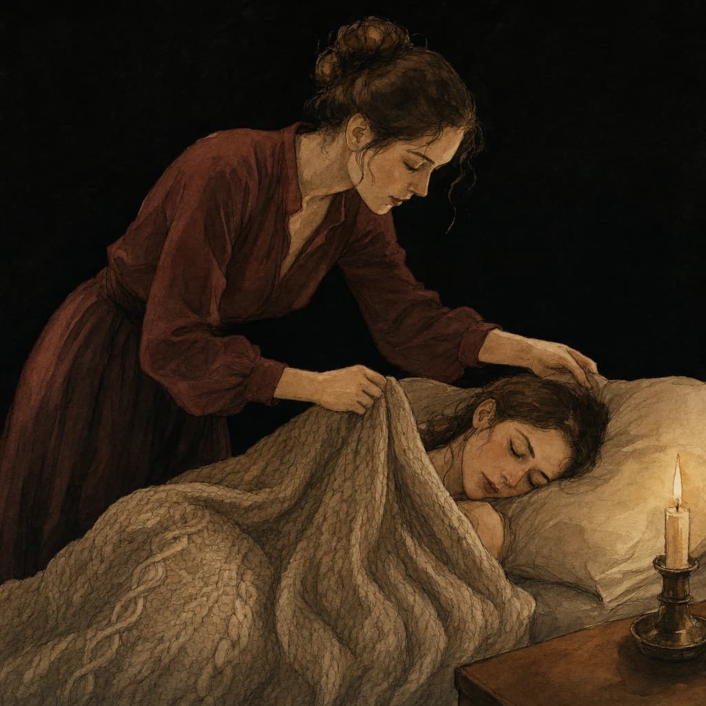 Woman tucking a knitted blanket around her sleeping partner