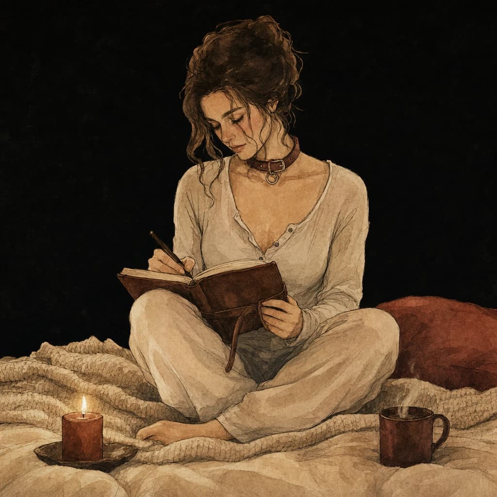 Woman wearing a collar writing in a journal on her bed beside a candle and a mug