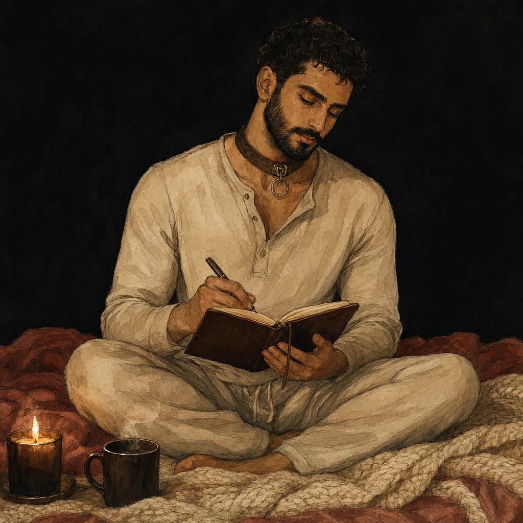 Man wearing a collar writing in a journal on his bed by candlelight