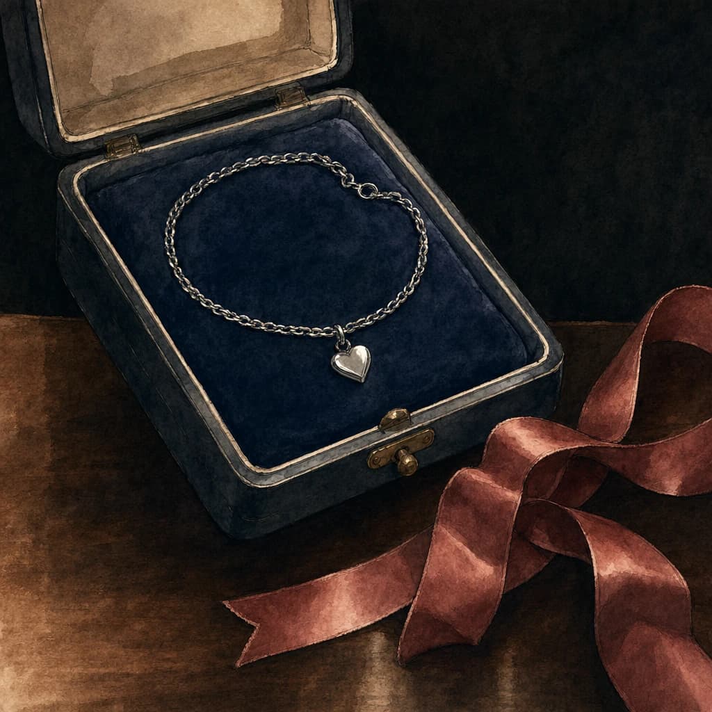 Silver chain with a small heart charm in an open jewellery box, a discreet alternative to a collar