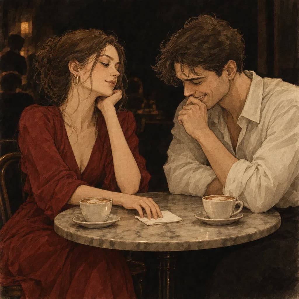 Two people chatting over coffee in a casual cafe, the relaxed vanilla setting typical of a BDSM munch