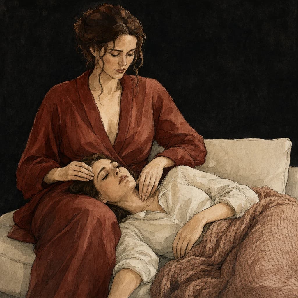 Two women resting close together in relaxed intimacy after tribbing, laughing through the clumsy bits