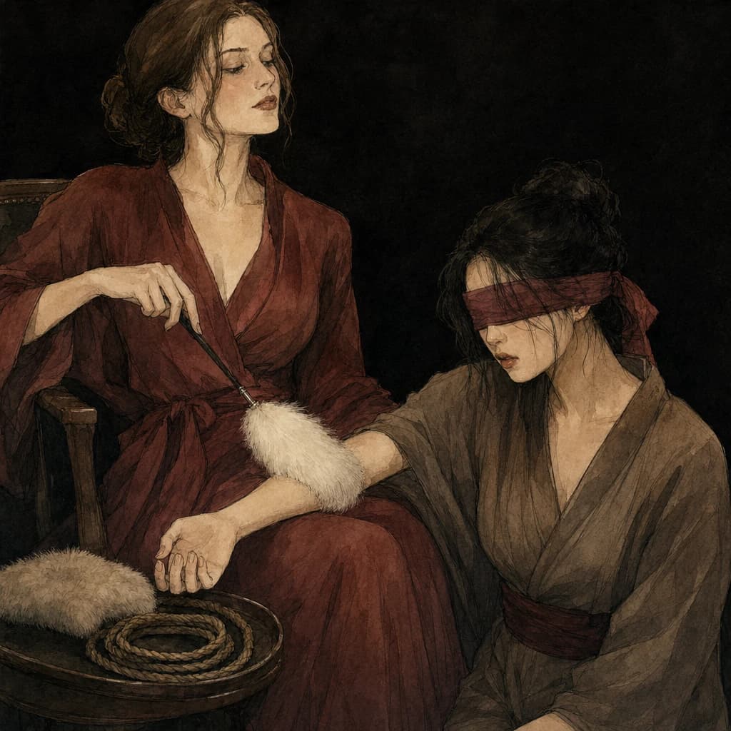 One woman exploring textured sensation and touch on another woman during sapphic intimacy