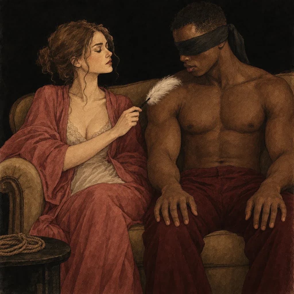 A woman and a man exploring slow, textured sensual touch across the skin to build intimacy and closeness