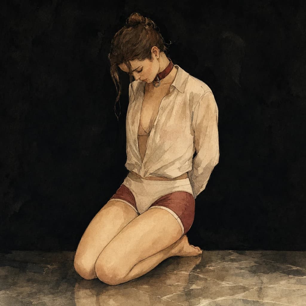 A collared submissive kneeling to await her Master's word, embodying the Gorean slave or kajira role