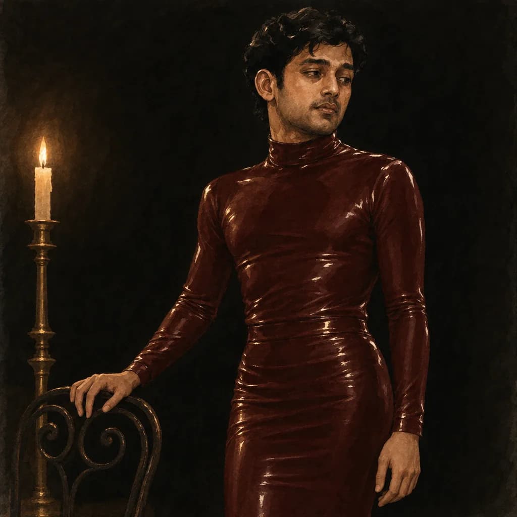A man wearing glossy latex, illustrating the partnered side of a rubber fetish