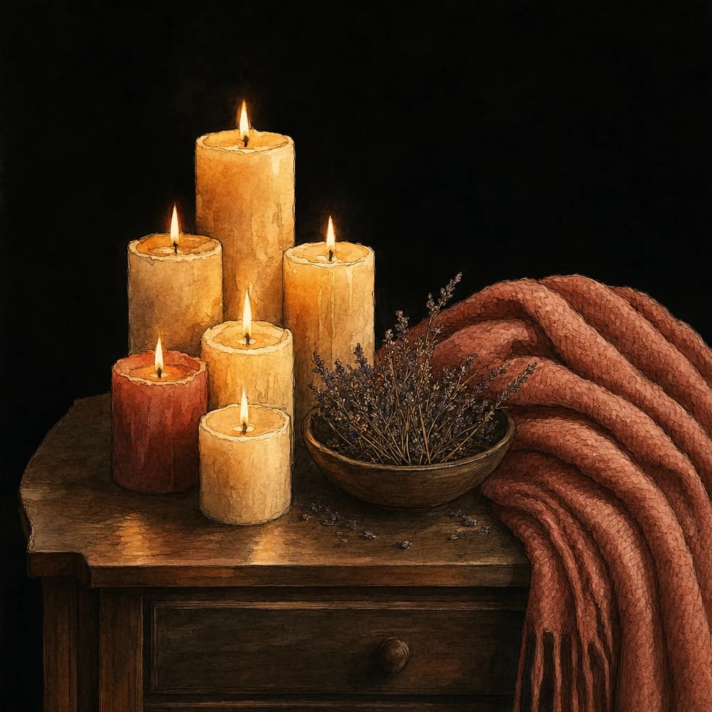 Lit candles, a bowl of dried lavender and a knitted throw on a bedside table