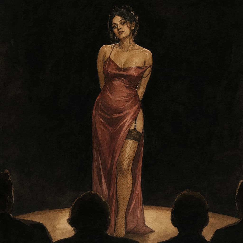 Woman stripping on a swingers club stage before an enthusiastically consenting audience