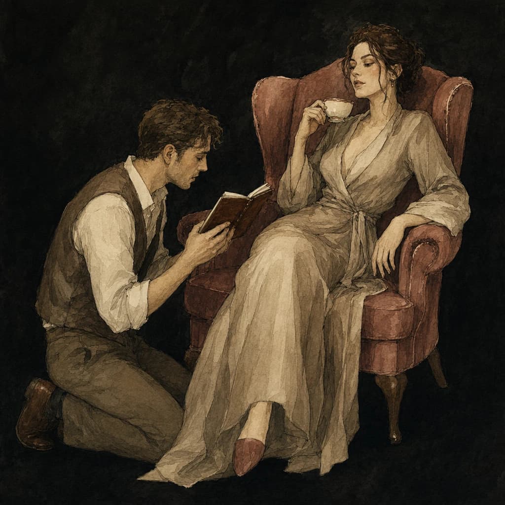 Woman in an armchair sipping tea while her kneeling partner reads to her from a book