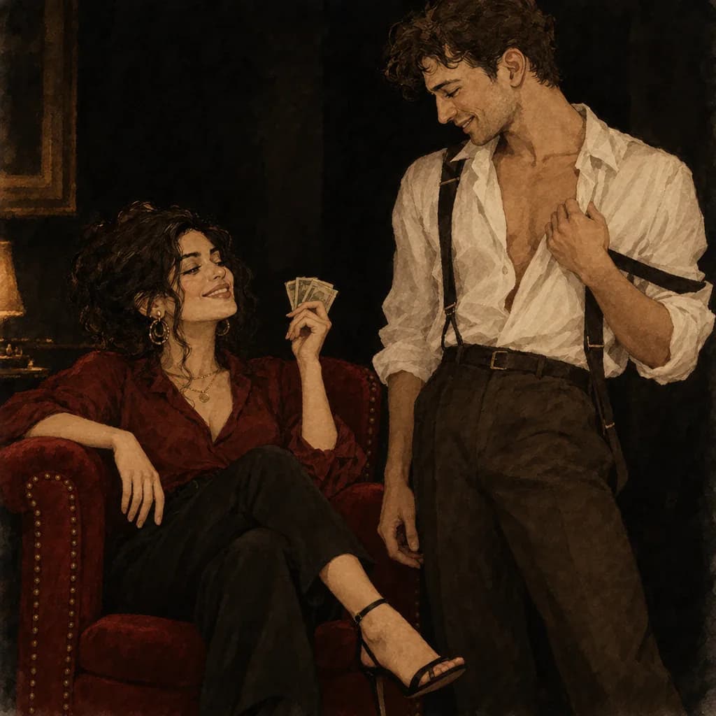 A woman performing a private exotic dance and striptease for her seated male partner in a dimly lit bedroom