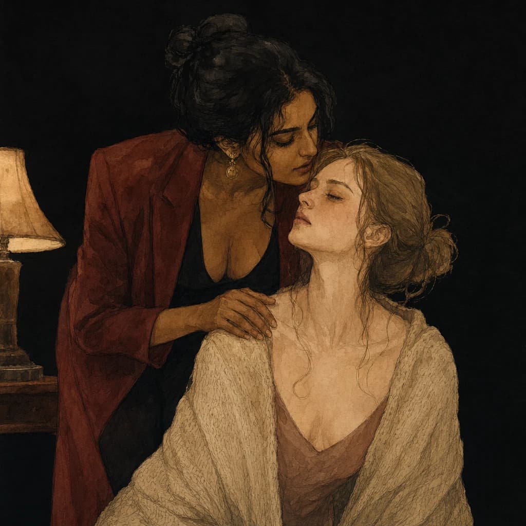 Woman leaning in to whisper to her partner, who closes her eyes and smiles