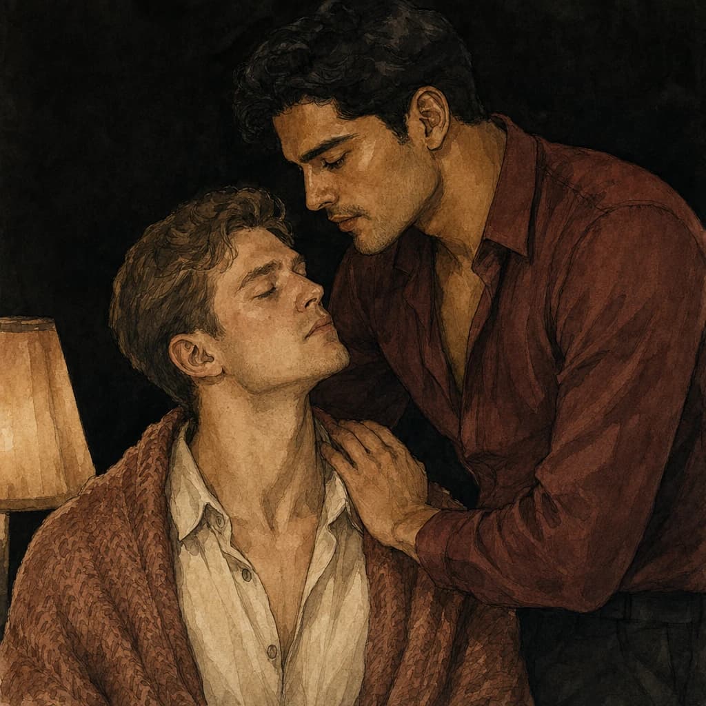 Man resting a hand on his partner's shoulder and leaning in to speak softly to him