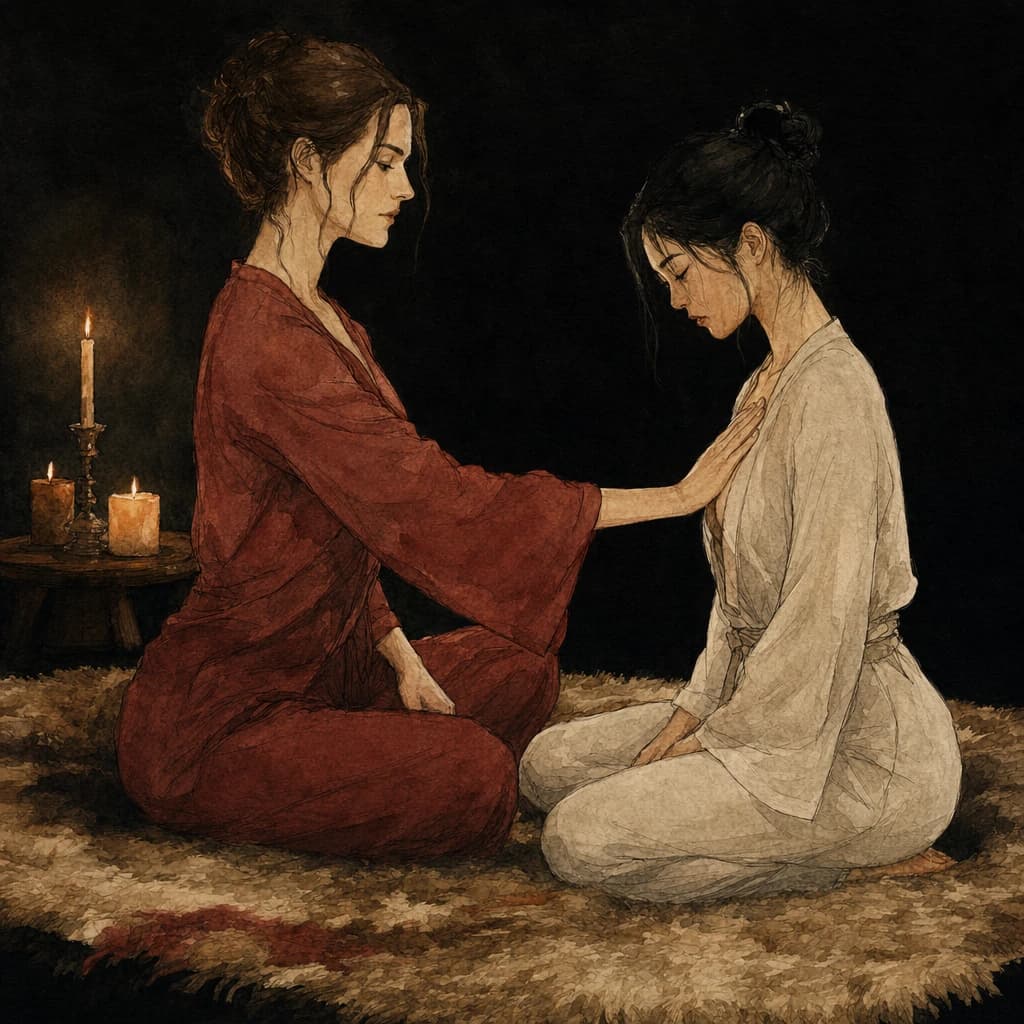 Two women kneeling face to face on a rug, one resting a hand on the other's chest to guide her breathing