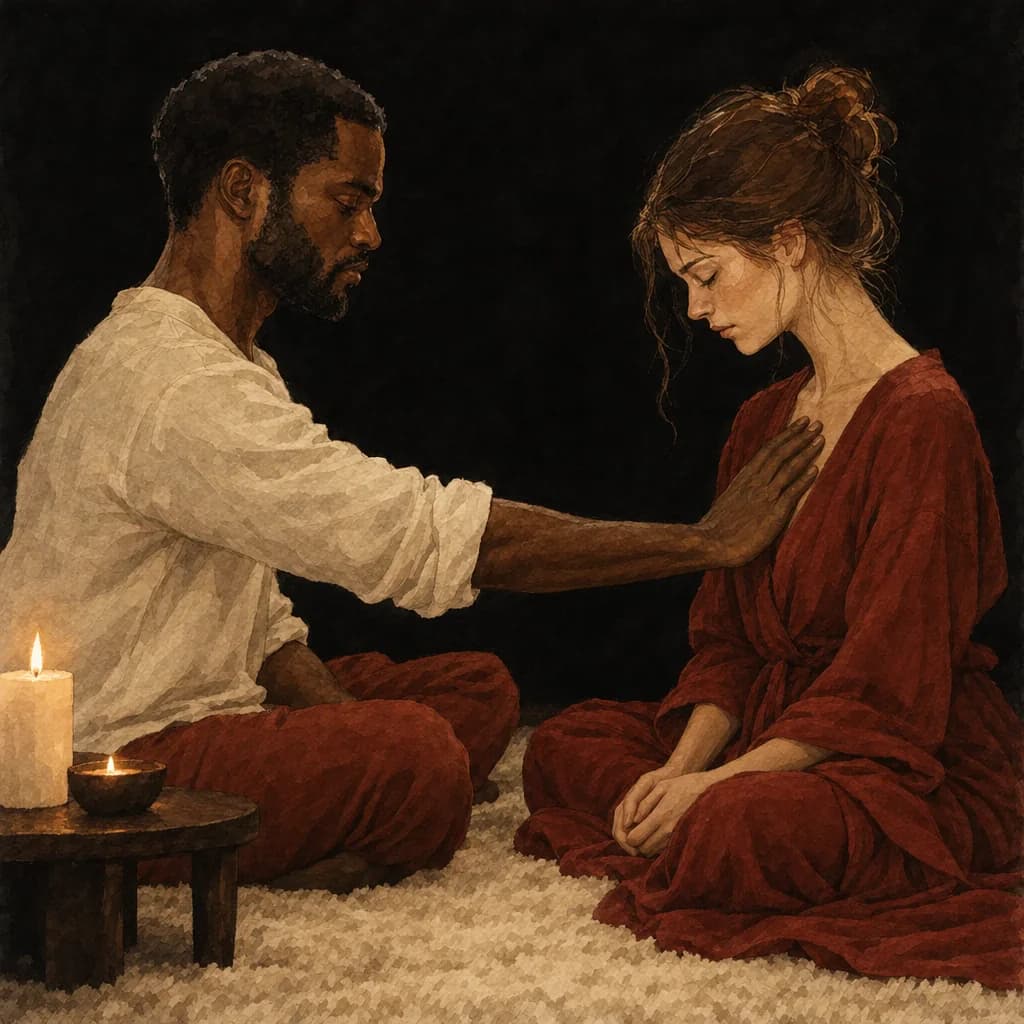 A woman and a man slowing their breathing together to stay present and curious during mindful sensual touch