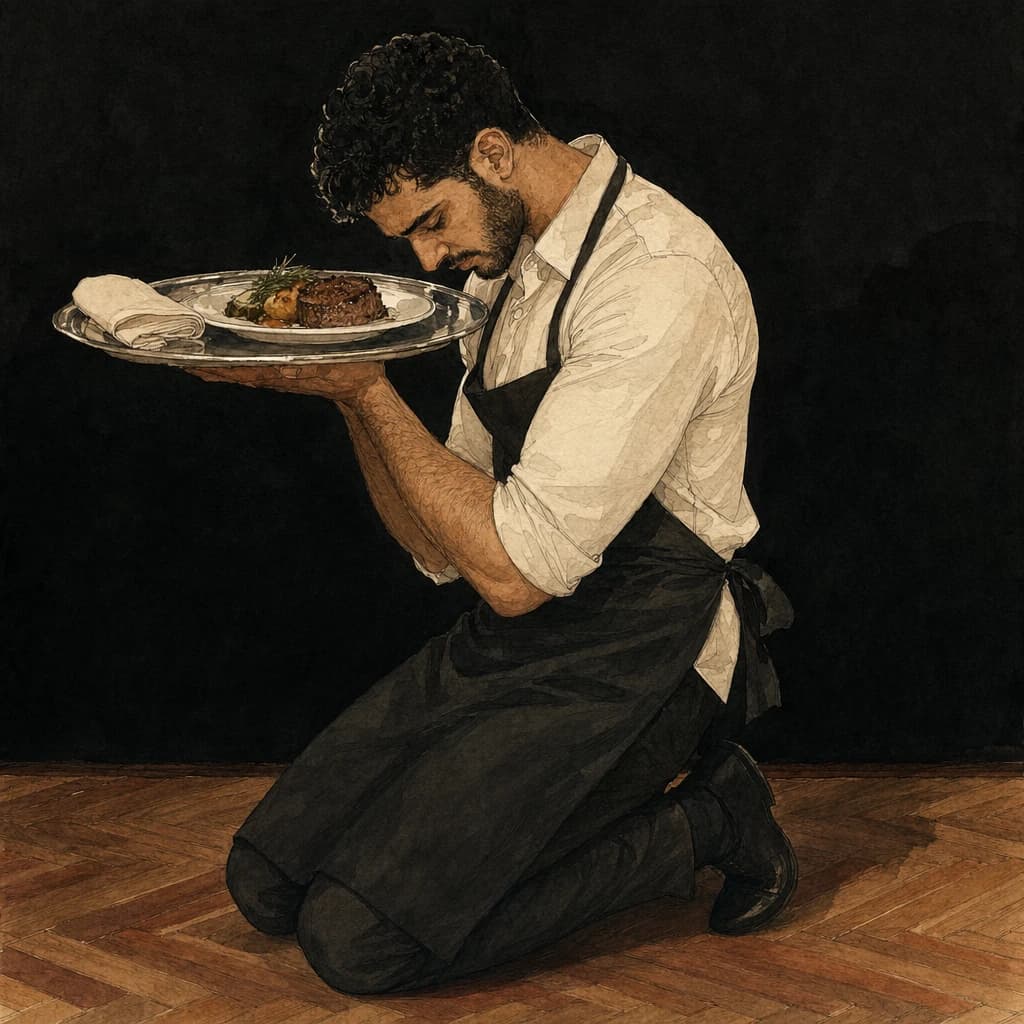Man in an apron kneeling to serve a plated meal on a silver tray