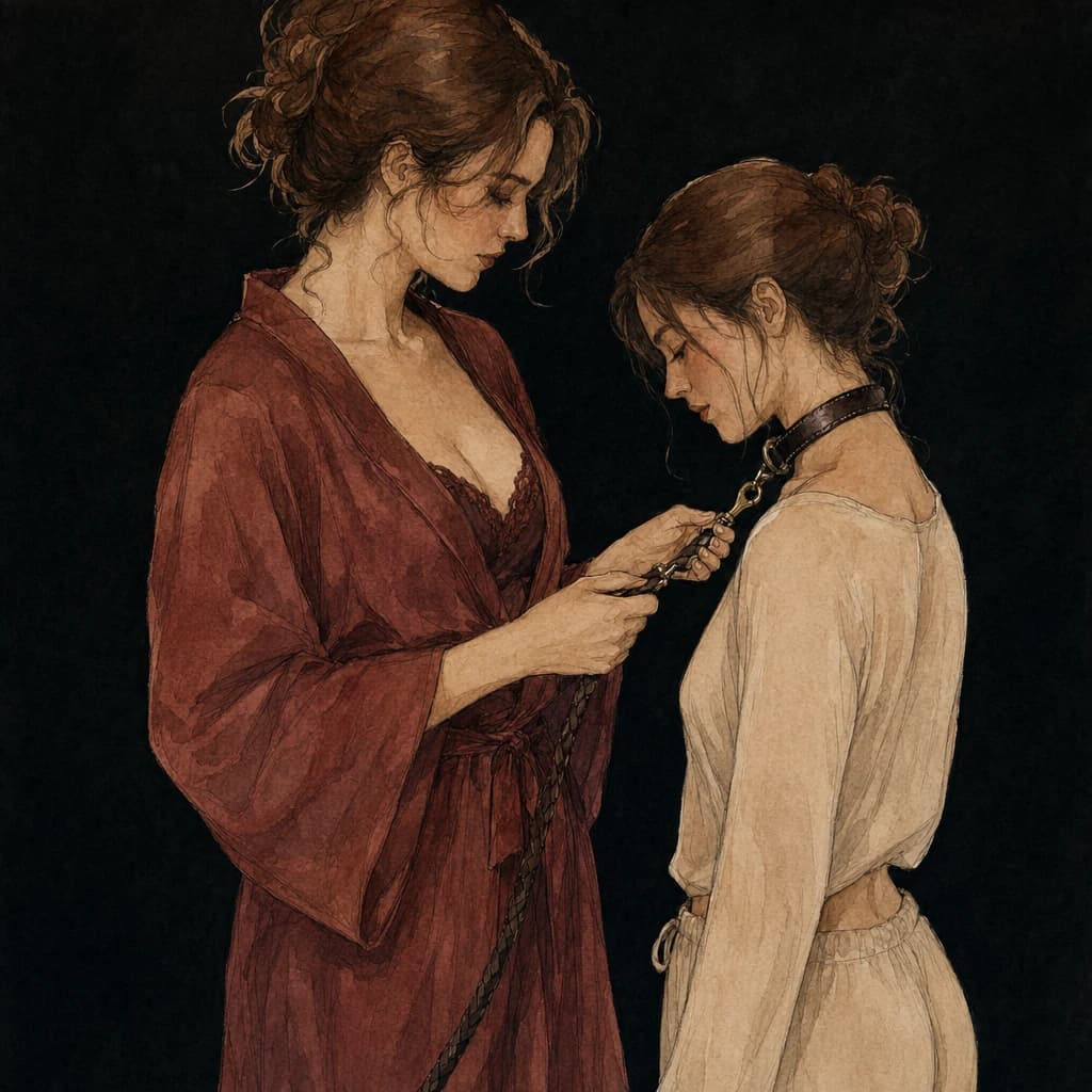 Woman in a red robe clipping a leash onto her partner's leather collar