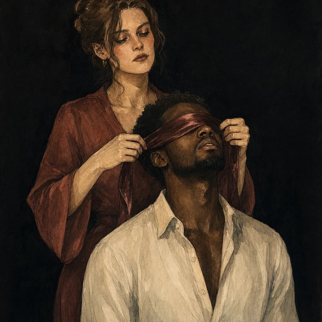 A blindfolded couple exploring playful kink, an extreme would you rather choice between toy-box and vanilla sex
