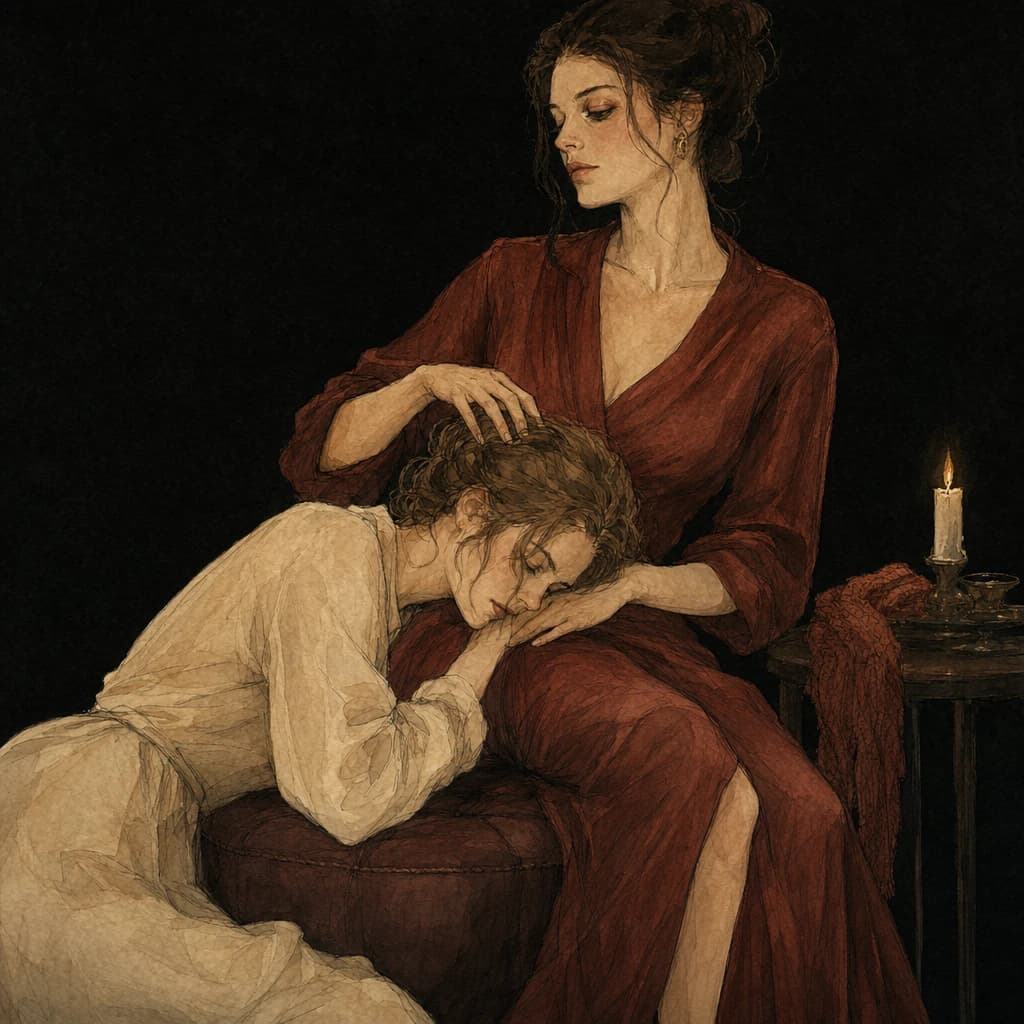 Woman stroking her partner's hair as the partner rests her head in her lap