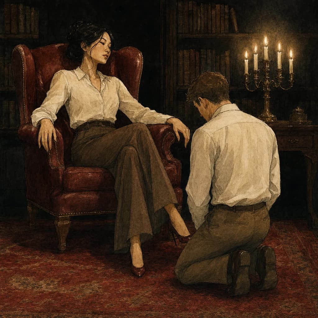 Man kneeling on a rug before a woman seated in a leather armchair by candlelight