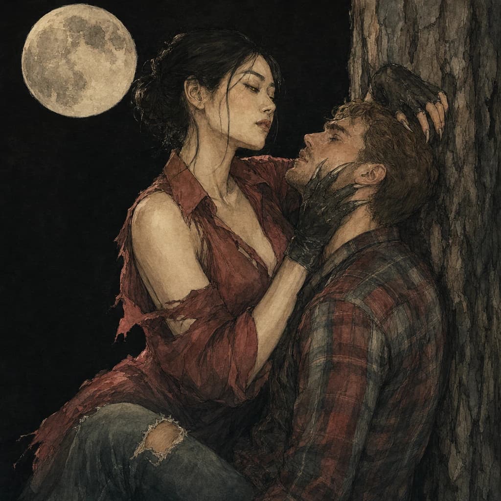 Woman with clawed werewolf gloves pinning her partner against a tree under a full moon