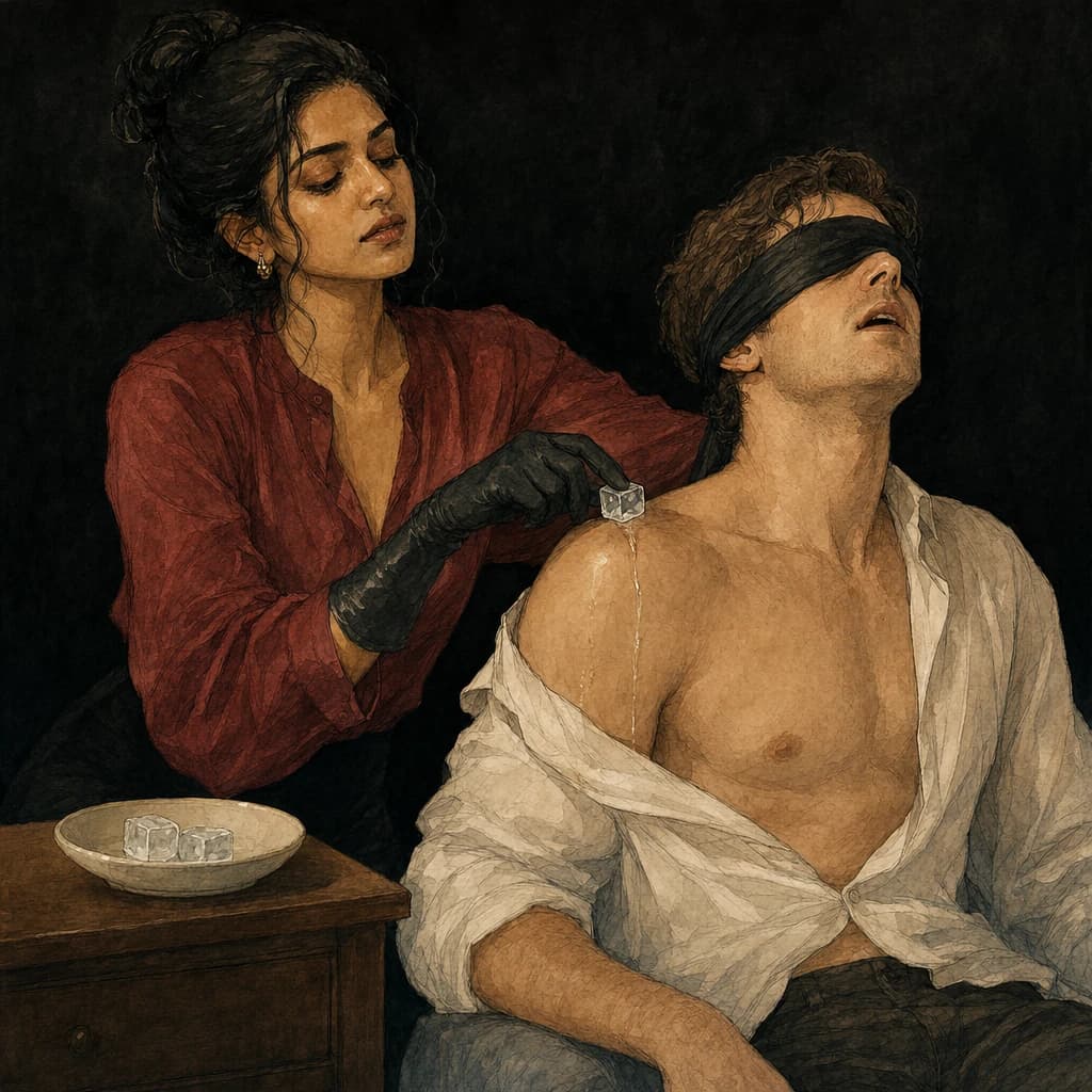 A woman and a man playing with cool ice cubes during sensual touch to explore temperature and surprising sensation