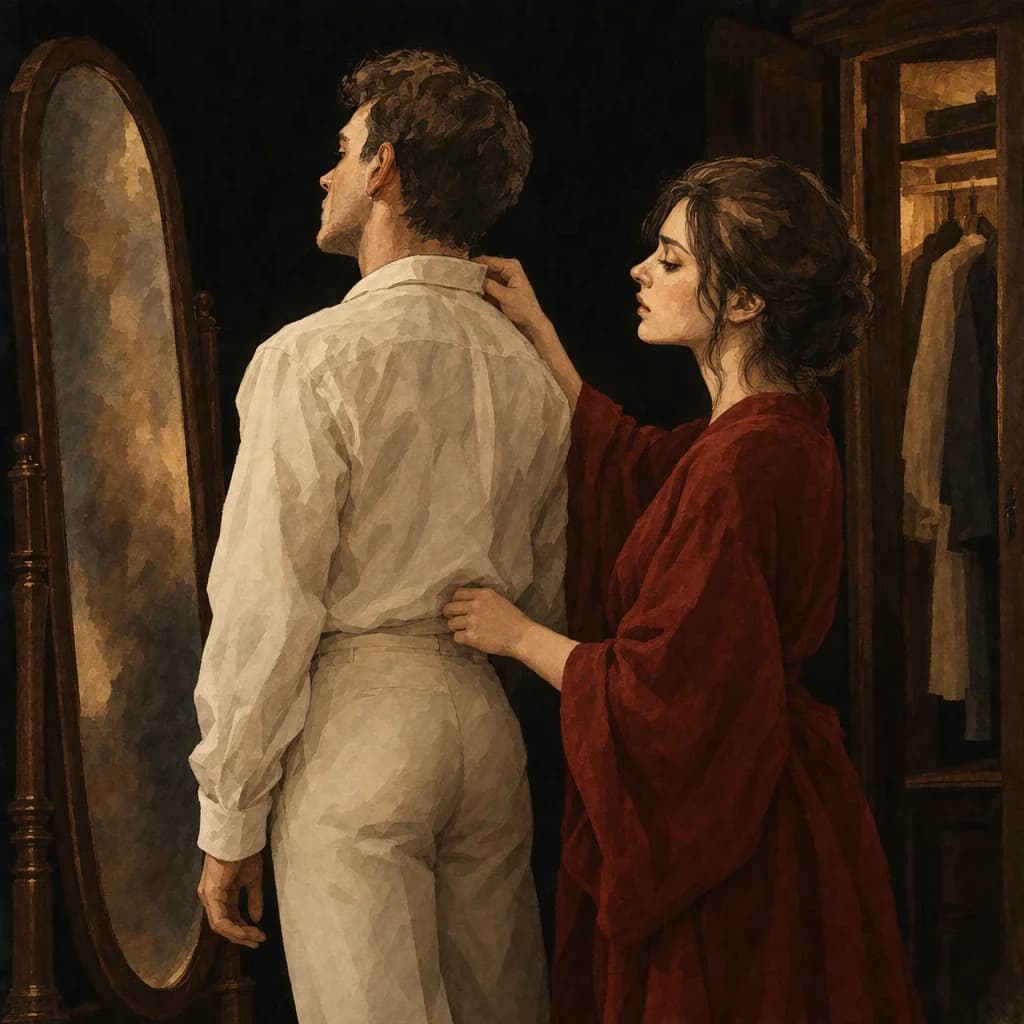 couple inspecting roleplay lingerie outfit choices together as foreplay before a scene