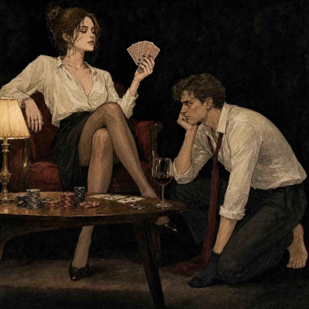A woman and a man laughing through a playful strip poker night, a flirty card-game spin on the striptease