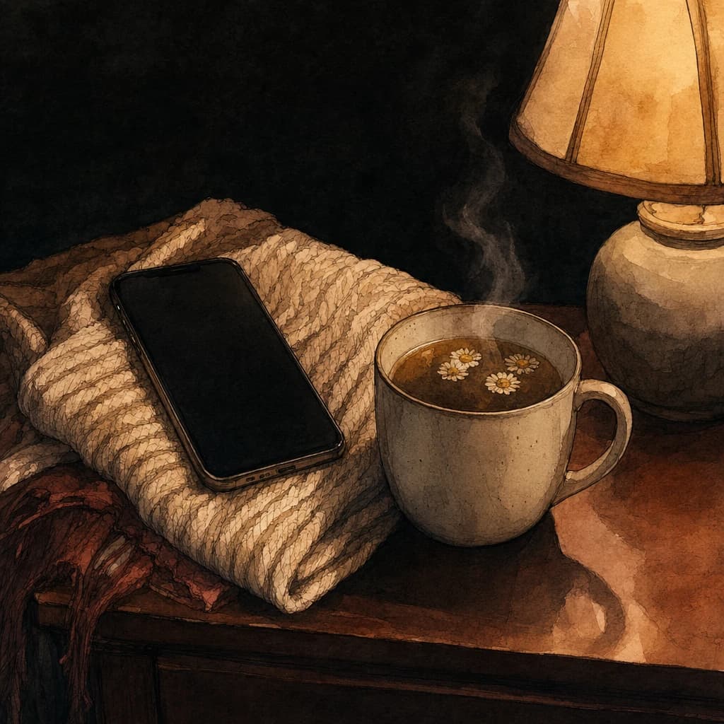 Phone resting on a knitted blanket next to a cup of chamomile tea under a lamp
