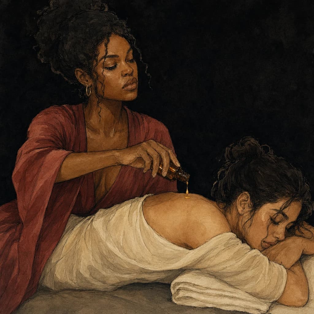 Two women in warm skin-to-skin intimacy, feeling each other respond during tribbing