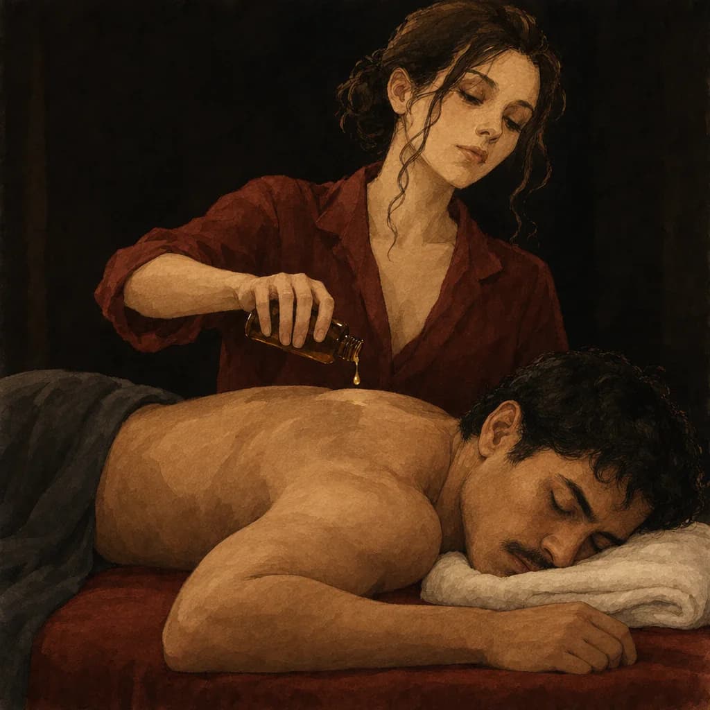Warmed massage oil being applied with slow hands during a sensual yoni massage