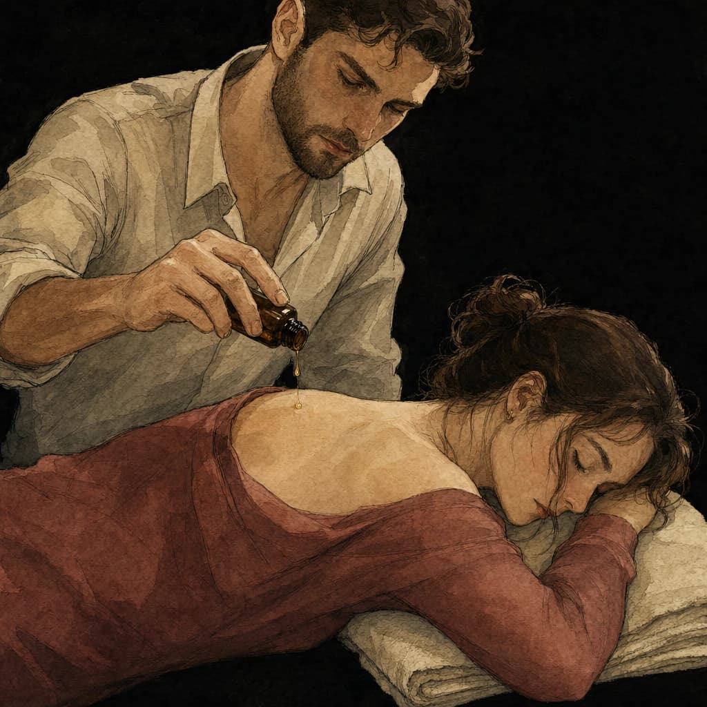 Man giving his partner a slow, warm oil massage in bed to ease morning stiffness before intimacy