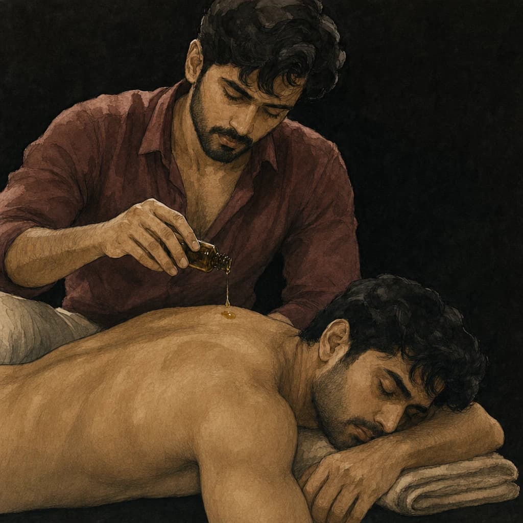 Partner giving a slow warm-oil massage, making extended foreplay the main event rather than a warm-up