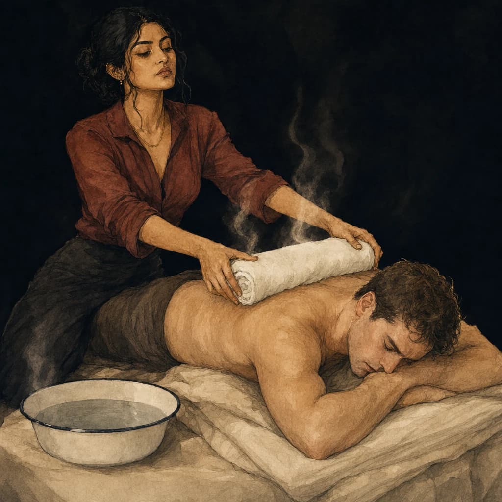 Woman and man using warm towels to relax and prime the skin before a sensual pleasure mapping session