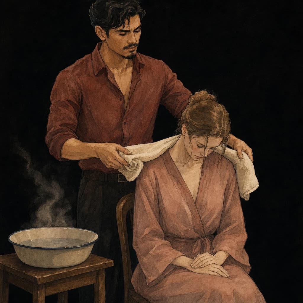 Partner gently applying a warm towel after intimacy as part of attentive cockwarming aftercare