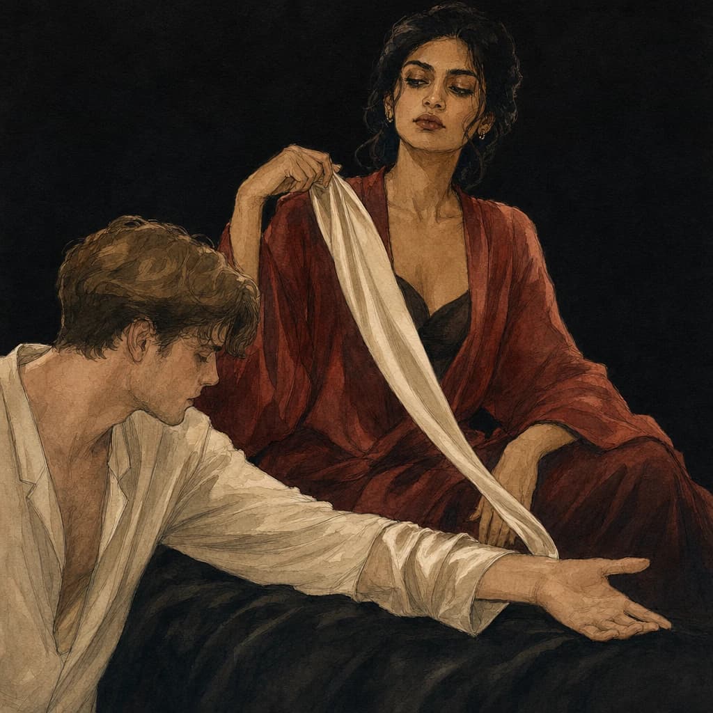 Woman and man exploring silk sensations on skin during a gentle pleasure mapping session