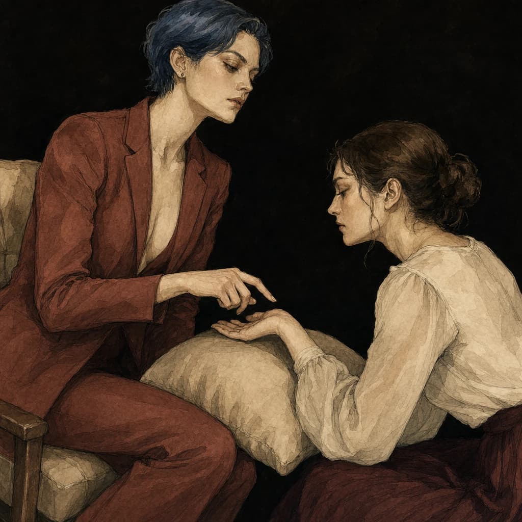 Two women caught in anticipation and near-touches, the slow-burn tension that drives sapphic erotica