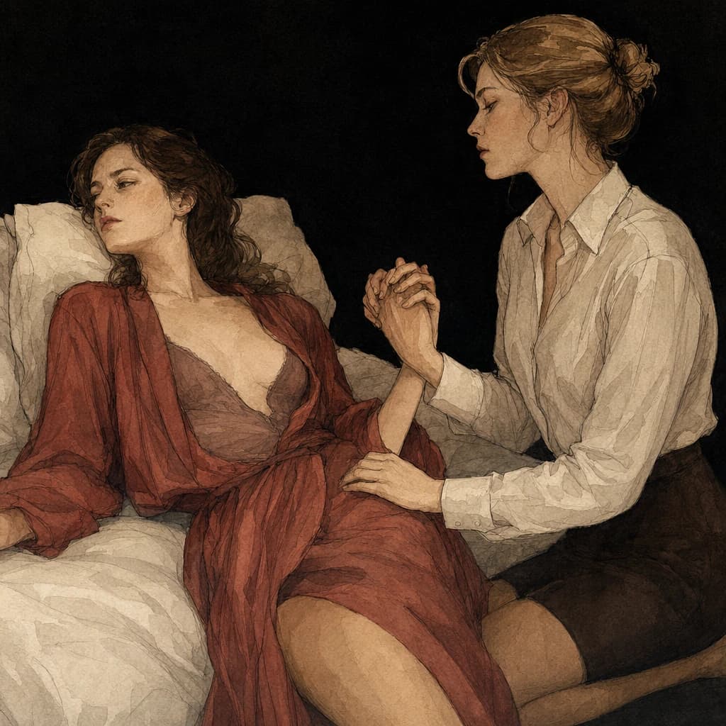 Two women holding hands during intimacy, the slow-burn closeness common to sapphic encounters