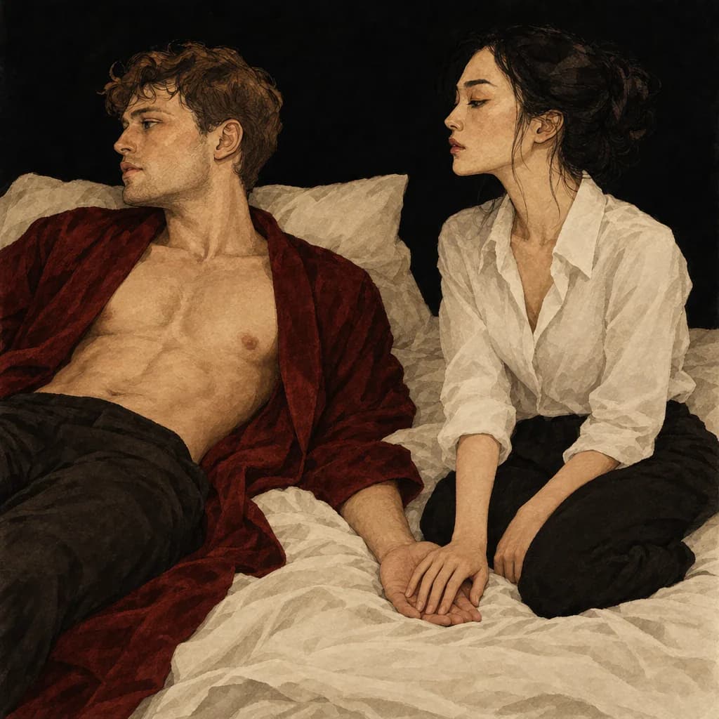 Emotional safety across types of non-monogamy — a partner holds your hand during a cuckolding encounter for reassurance