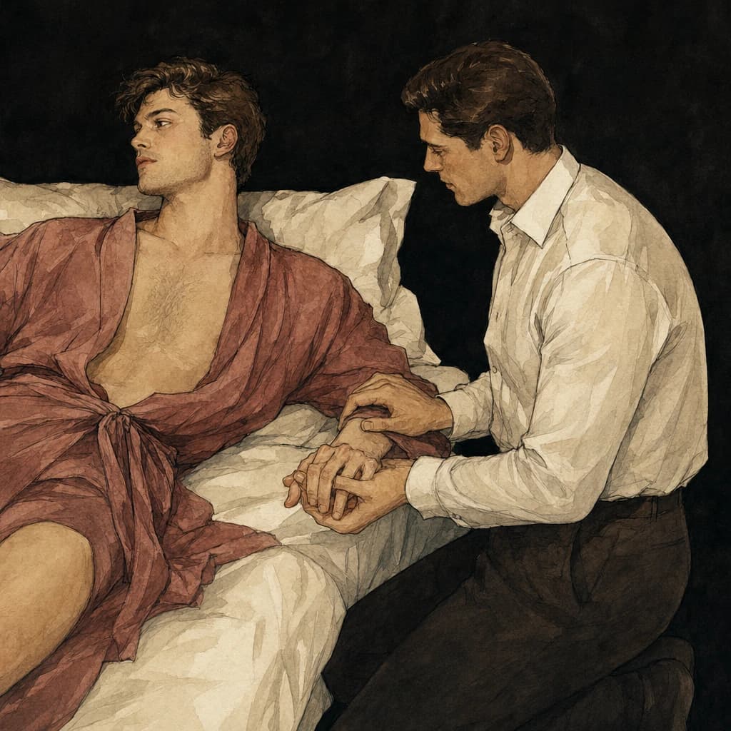 Male couple holding hands during intimate anal hook play to build trust and connection