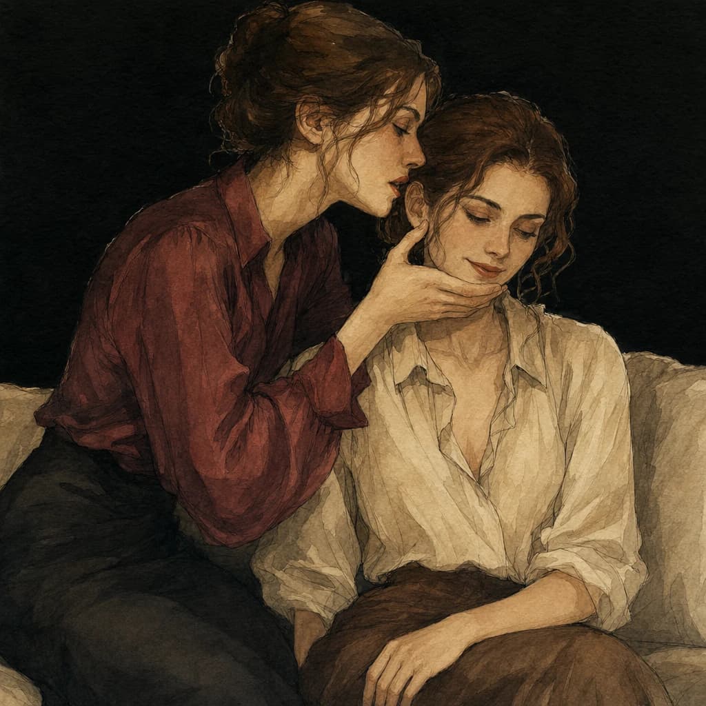 Woman whispering to her partner and cupping her face on a sofa