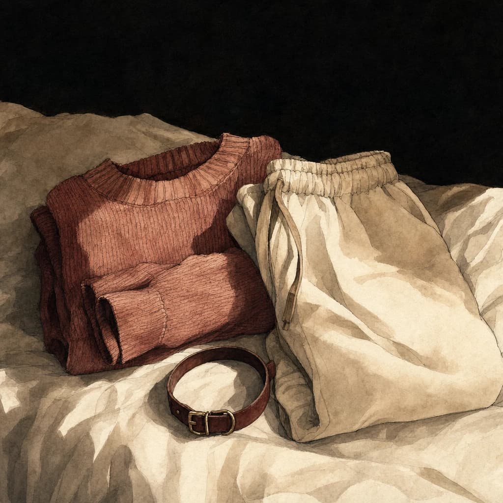 Folded sweater, soft trousers and a leather collar laid out on a bed